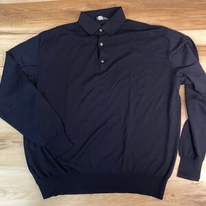 SULKA Polo Sweater Mens XXL Long Sleeve 100% Wool Dark Navy Made in Italy Luxury